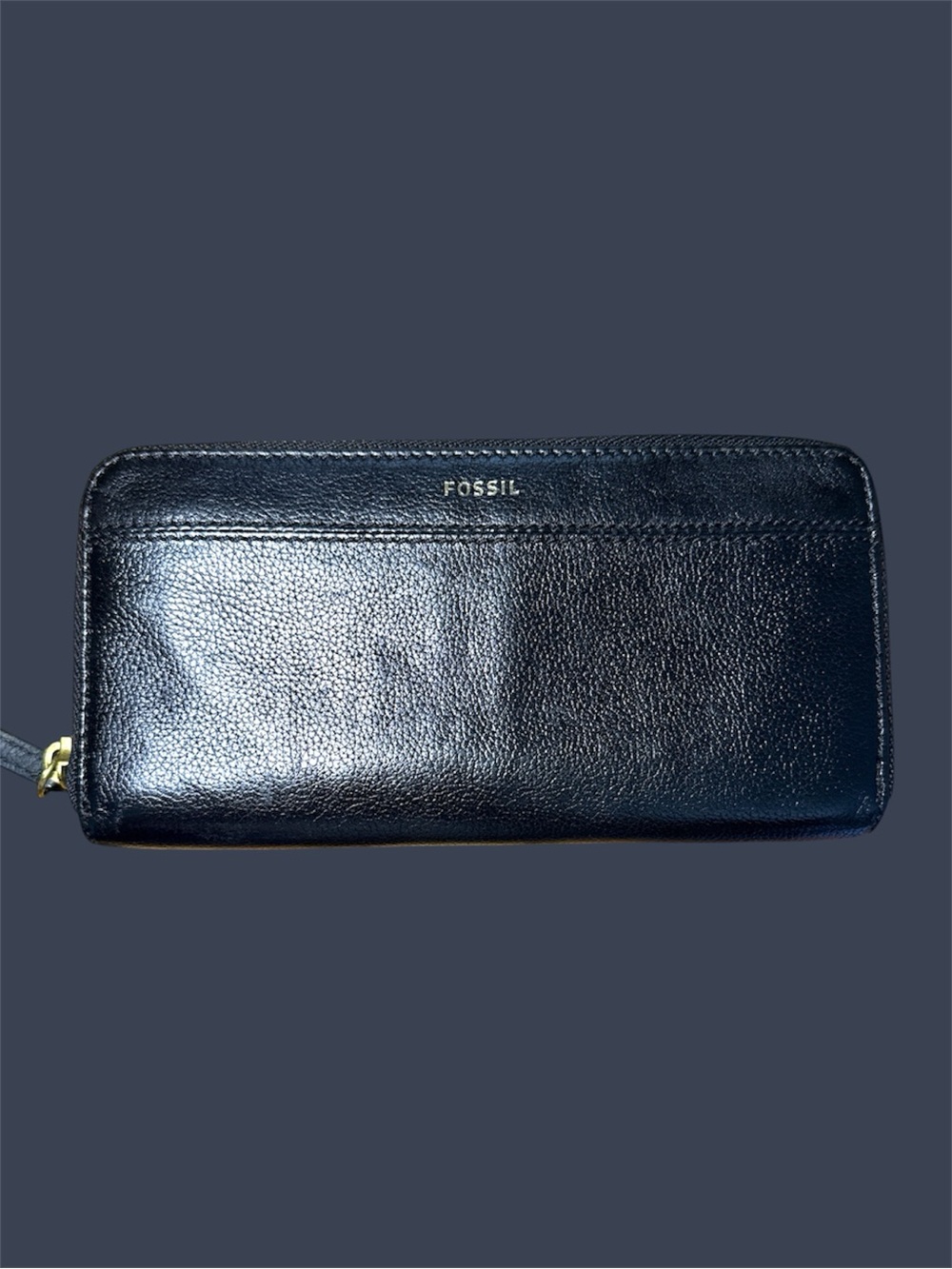 Fossil Black Leather Zip Wallet with Gold Accent